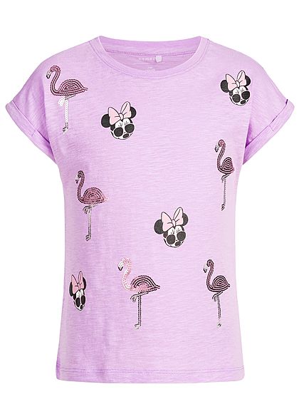 Name It Kids Mädchen T-Shirt Minnie Mouse Print Flamingo Sequins lavendula lila