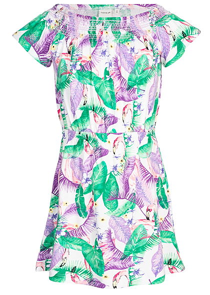 Name It Kids Mädchen Off-Shoulder Dress Flamingo Print bright weiss lila grün
