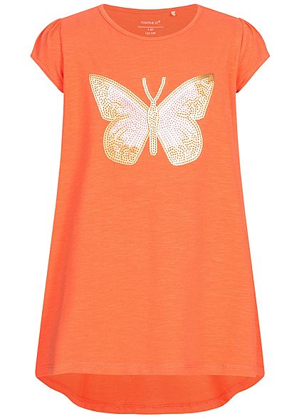 Name It Kids Mädchen Tunic T-Shirt Butterfly Sequins emberglow orange