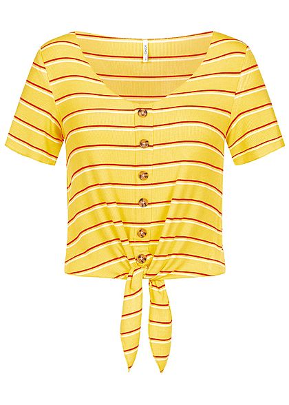 ONLY Damen Striped Tie-Knot Rib Shirt Buttons Front habanero gold gelb rot - Art.-Nr.: 19051740