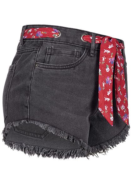 ONLY Damen Denim Fray Shorts 5-Pockets Belt schwarz rot - Art.-Nr.: 19051757
