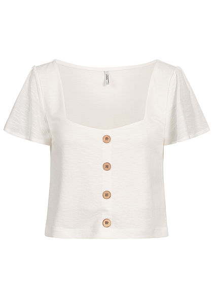 ONLY Damen Cropped Shirt Deko Knopfleiste Frill Ärmel cloud dancer weiss