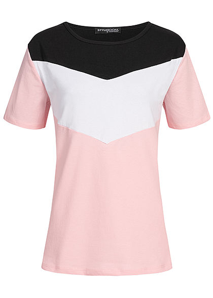 Styleboom Fashion Damen Arrow Colorblock T-Shirt rosa weiss schwarz