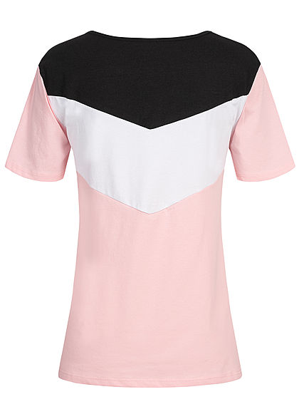 Styleboom Fashion Damen Arrow Colorblock T-Shirt rosa weiss schwarz