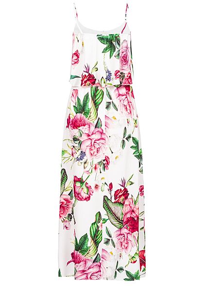 Styleboom Fashion Damen Volant Maxi Strap Dress Flower Print weiss multicolor