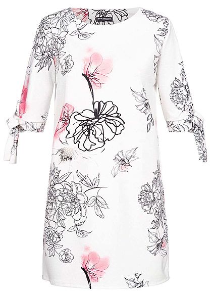 Styleboom Fashion Damen Bow Sleeves Dress Flower Print weiss schwarz rosa - Art.-Nr.: 19056366
