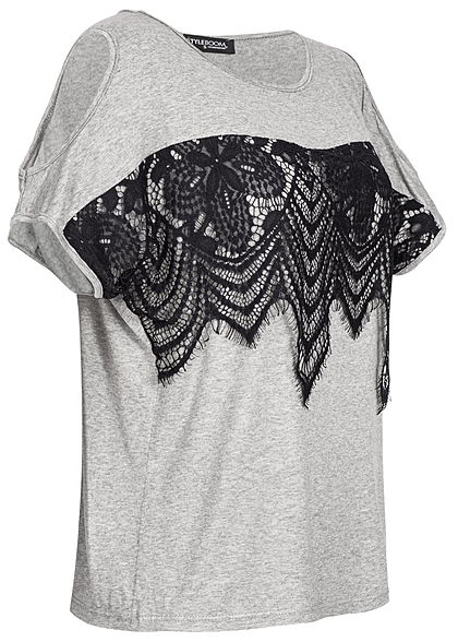 Styleboom Fashion Damen 2-Tone Shirt Lace Detail grau schwarz