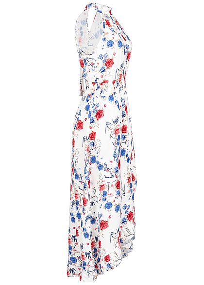 Styleboom Fashion Damen Choker Maxi Dress Flower Print weiss blau rot
