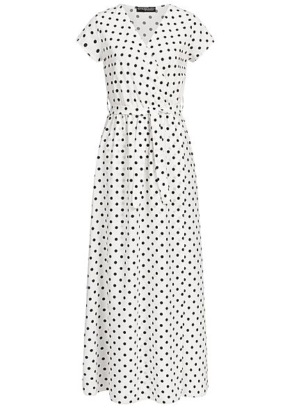 Styleboom Fashion Damen Wrap Maxi Dress Dots Print Belt weiss schwarz - Art.-Nr.: 19056405