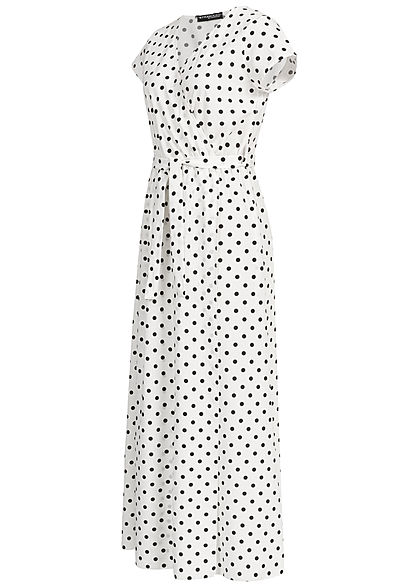Styleboom Fashion Damen Wrap Maxi Dress Dots Print Belt weiss schwarz