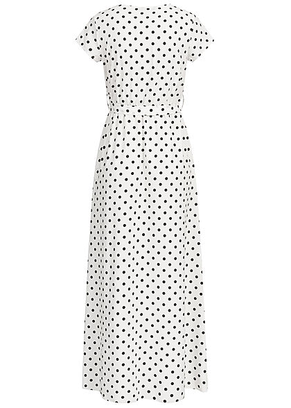 Styleboom Fashion Damen Wrap Maxi Dress Dots Print Belt weiss schwarz