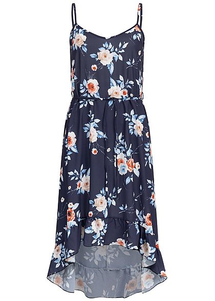Styleboom Fashion Damen Volant Dress Flower Print Belt navy blau