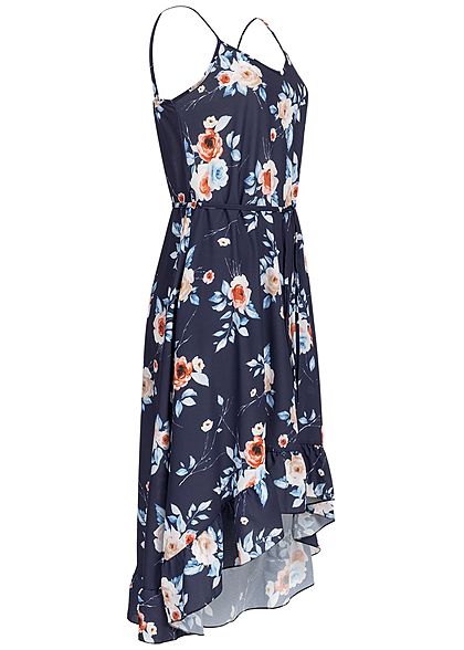 Styleboom Fashion Damen Volant Dress Flower Print Belt navy blau