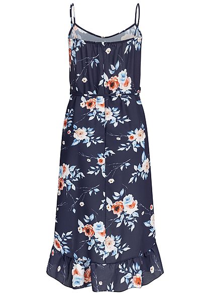 Styleboom Fashion Damen Volant Dress Flower Print Belt navy blau