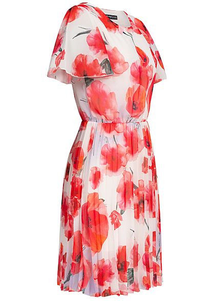 Styleboom Fashion Damen Pleated Chiffon Dress Corn Poppy Print weiss rot