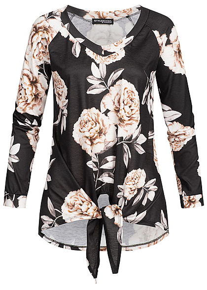 Styleboom Fashion Damen V-Neck Longshirt Flower Print Tie Knot schwarz
