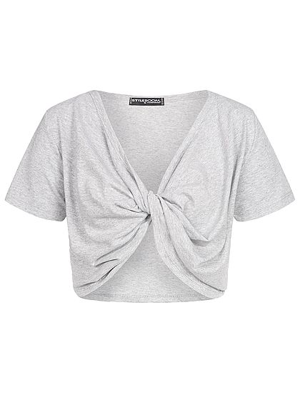 Styleboom Fashion Damen Cropped Shirt Twist Front hell grau - Art.-Nr.: 19056430