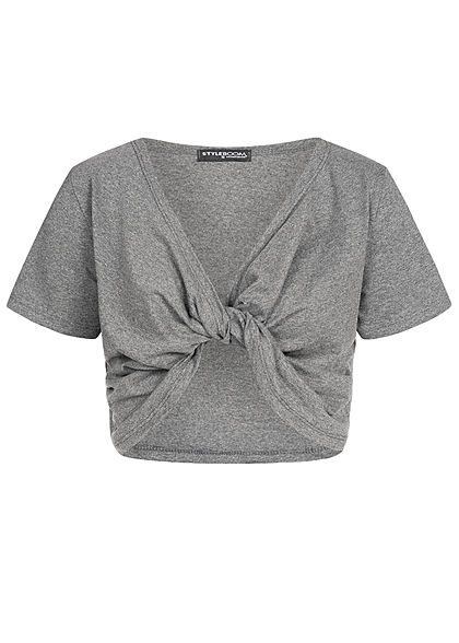 Styleboom Fashion Damen Cropped Shirt Twist Front dunkel grau melange - Art.-Nr.: 19056433