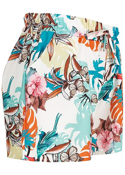 Styleboom Fashion Damen Summer Shorts Floral Print Belt weiss multicolor