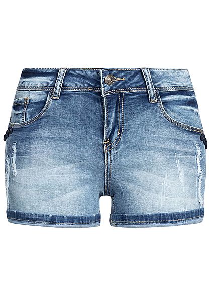 Cloud5ive Damen Denim Shorts 5-Pockets Destroy Look medium blau