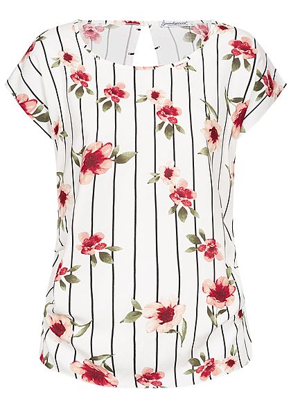 Seventyseven Lifestyle Damen Gathering Blouse Shirt Flower& Stripes Print off weiss rot - Art.-Nr.: 19059085