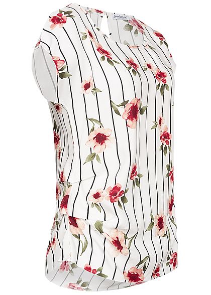 Seventyseven Lifestyle Damen Gathering Blouse Shirt Flower& Stripes Print off weiss rot