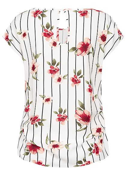Seventyseven Lifestyle Damen Gathering Blouse Shirt Flower& Stripes Print off weiss rot