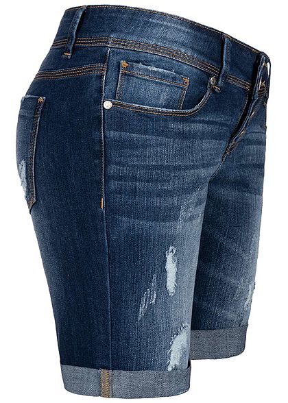 Hailys Damen Bermuda Jeans Shorts 5-Pockets Destroy Optik dunkel blau denim