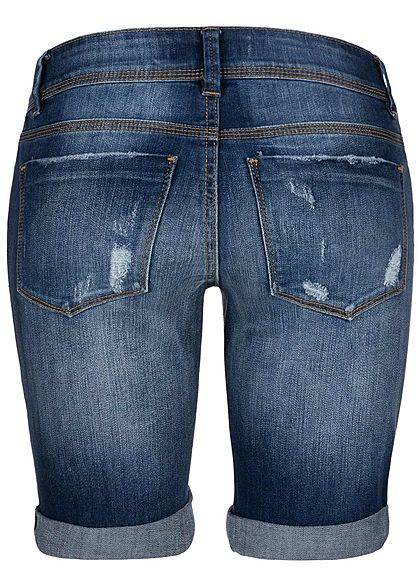 Hailys Damen Bermuda Jeans Shorts 5-Pockets Destroy Optik dunkel blau denim