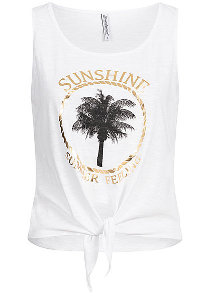 Hailys Damen Tank Top Bindedetail vorne Sunshine Palmen Print off weiss gold