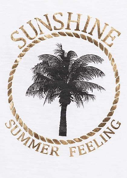 Hailys Damen Tank Top Bindedetail vorne Sunshine Palmen Print off weiss gold