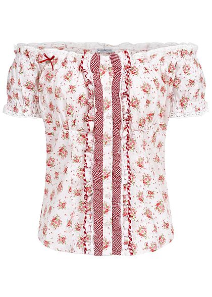 Seventyseven Lifestyle Damen Off-Shoulder Trachten Bluse Blumen Print off weiss