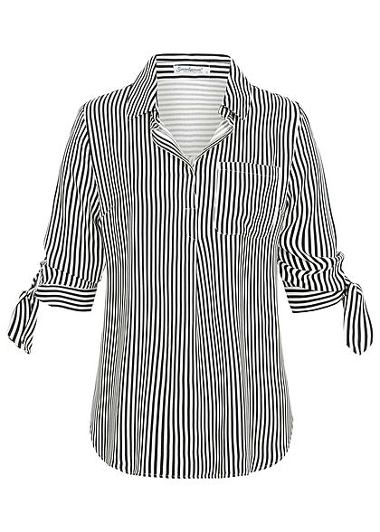 Seventyseven Lifestyle Damen Striped Turn-Up Blouse Shirt schwarz weiss