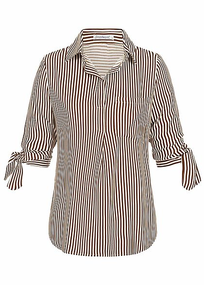 Seventyseven Lifestyle Damen Striped Turn-Up Blouse Shirt caramel braun weiss