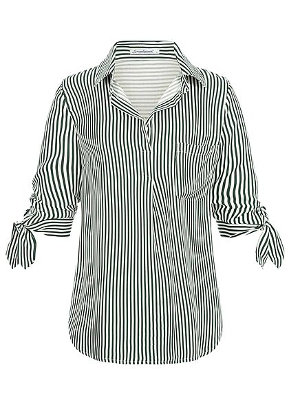 Seventyseven Lifestyle Damen Striped Turn-Up Blouse Shirt dunkel grn weiss