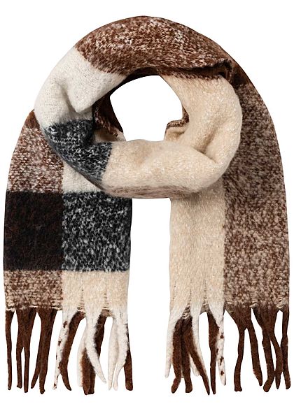 Hailys Damen Fransen Schal Karo Muster 180x53cm camel braun beige