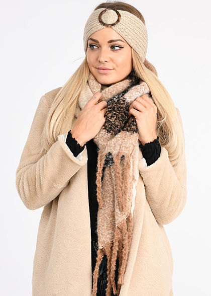 Hailys Damen Fransen Schal Karo Muster 180x53cm camel braun beige