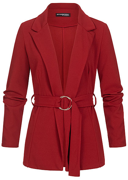 Styleboom Fashion Damen Blazer mit Bindegürtel wine rot