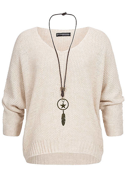 Styleboom Fashion Dames Gebreide trui met vleermuismouwen incl. ketting beige - Art.-Nr.: 20086328
