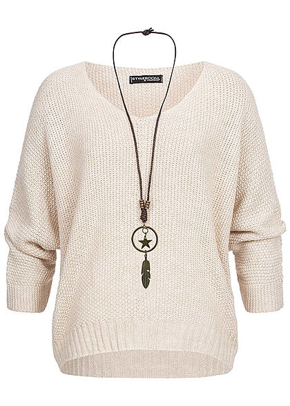 Styleboom Fashion Dames Gebreide trui met vleermuismouwen incl. ketting beige