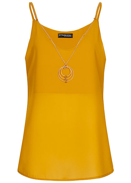 Styleboom Fashion Damen Chiffon Top 2-lagig inkl. Kette senf gelb