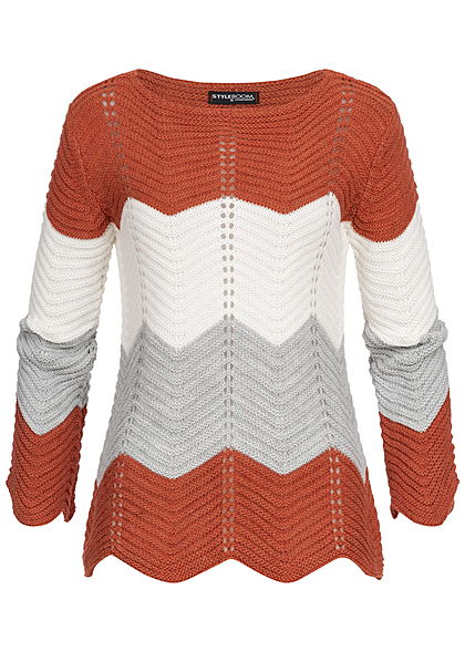Styleboom Fashion Damen Colorblock Strickpullover kupfer weiss grau