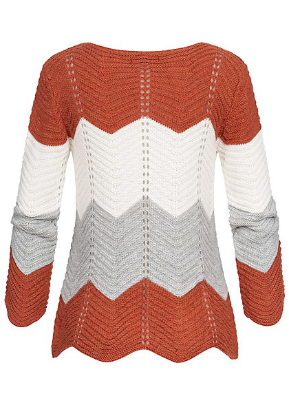 Styleboom Fashion Damen Colorblock Strickpullover kupfer weiss grau