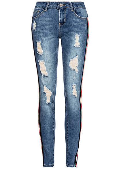 Seventyseven Lifestyle Damen Skinny Jeans 5-Pockets Destroy Look medium blau denim