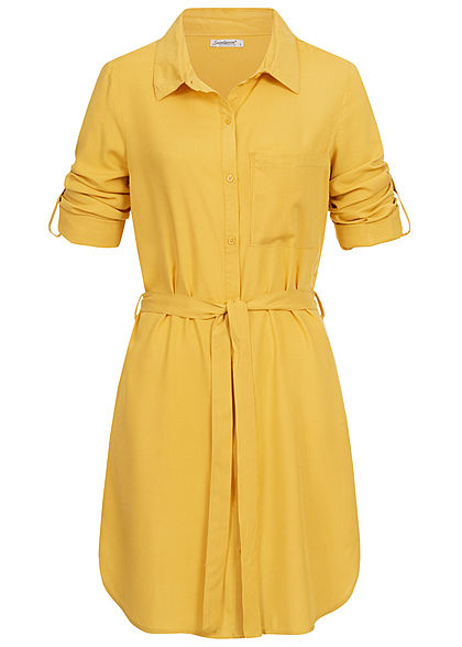 Seventyseven Lifestyle Damen Turn-Up Blusen Kleid Bindegürtel curry gelb