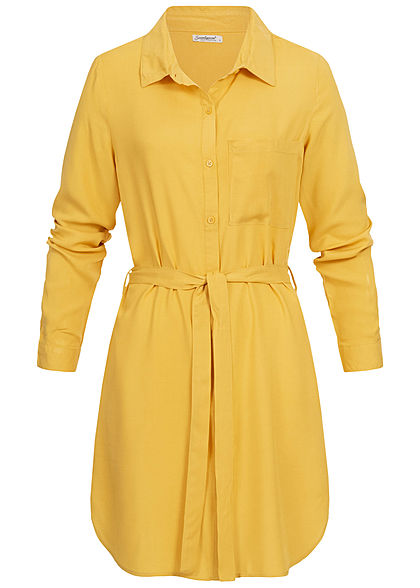 Seventyseven Lifestyle Damen Turn-Up Blusen Kleid Bindegürtel curry gelb