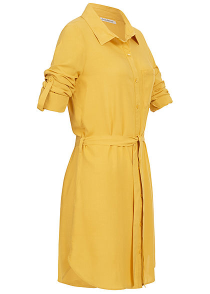 Seventyseven Lifestyle Damen Turn-Up Blusen Kleid Bindegürtel curry gelb