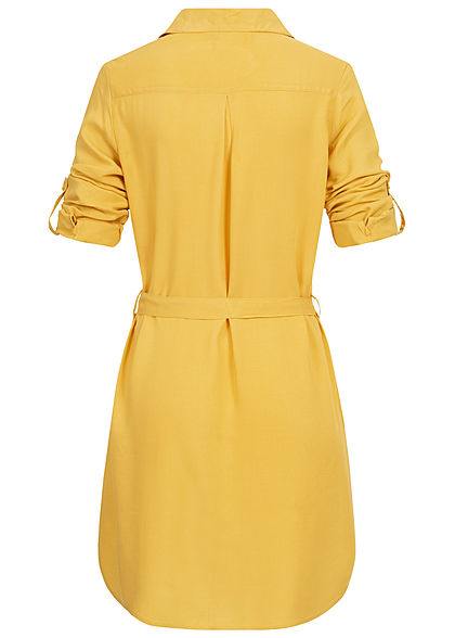 Seventyseven Lifestyle Damen Turn-Up Blusen Kleid Bindegürtel curry gelb