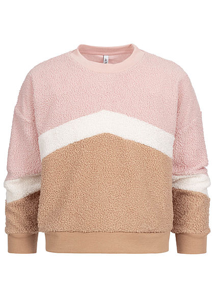 Hailys Kids Mädchen Colorblock Sweater Teddyfell rosa weiss braun
