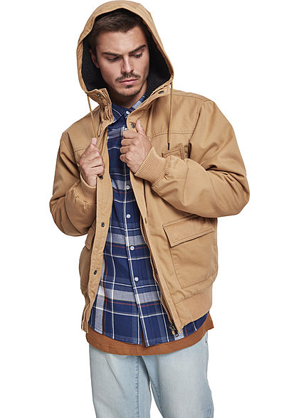 Seventyseven Lifestyle Herren Winter Stoffjacke Kapuze 4-Pockets camel braun